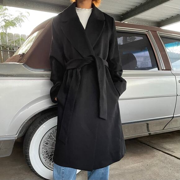 🔥H&M Wool Blend Black Overcoat Belted Stylish Old Money Minimalist Women Sz 10 - Picture 4 of 16